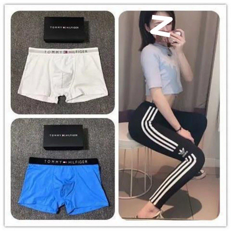Collage of white and blue boxer briefs with a box, and a person wearing black pants with white stripes.