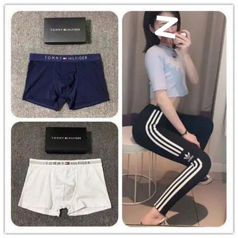 Collage of Tommy Hilfiger underwear, Adidas pants, and a person wearing Adidas pants.