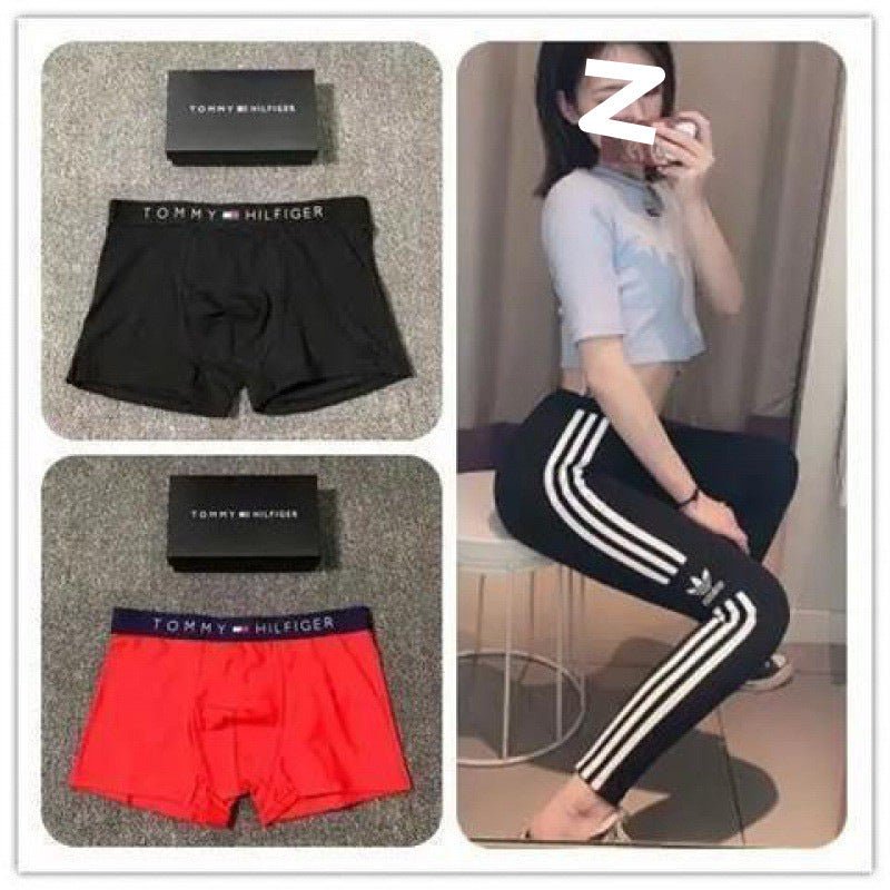 Collage of Tommy Hilfiger underwear and a person wearing Adidas pants.