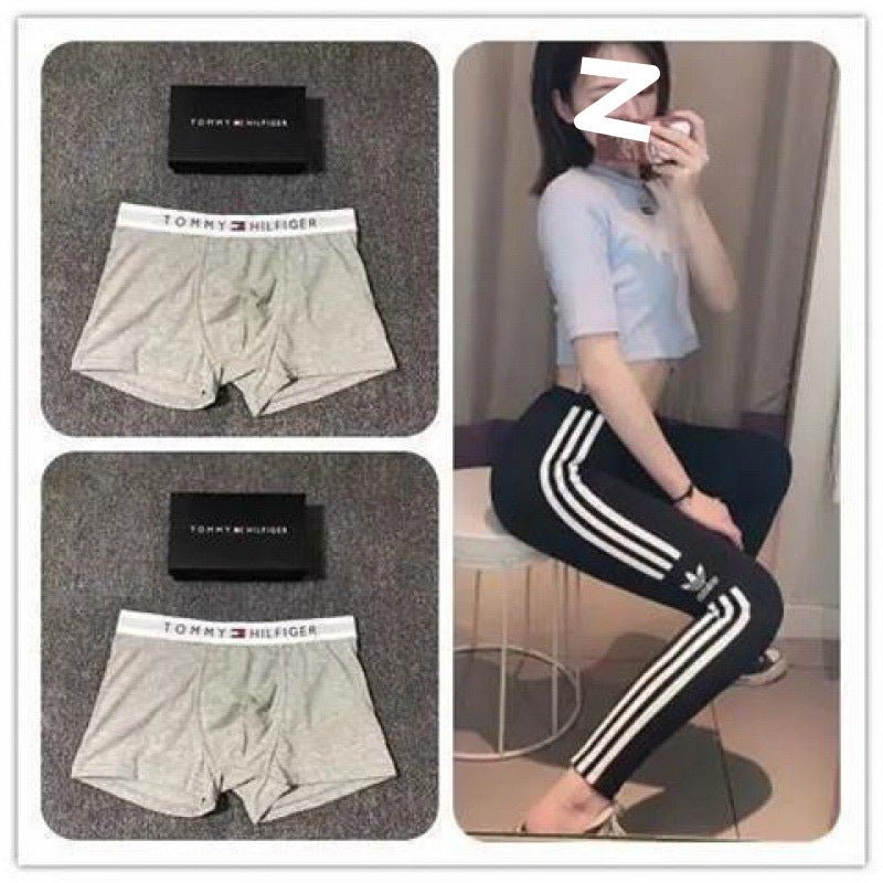 Collage of gray Tommy Hilfiger boxer briefs, a black box, and a person wearing black Adidas pants with white stripes.