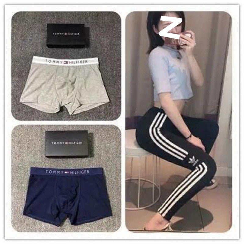 Collage of Tommy Hilfiger underwear with a person wearing Adidas pants.