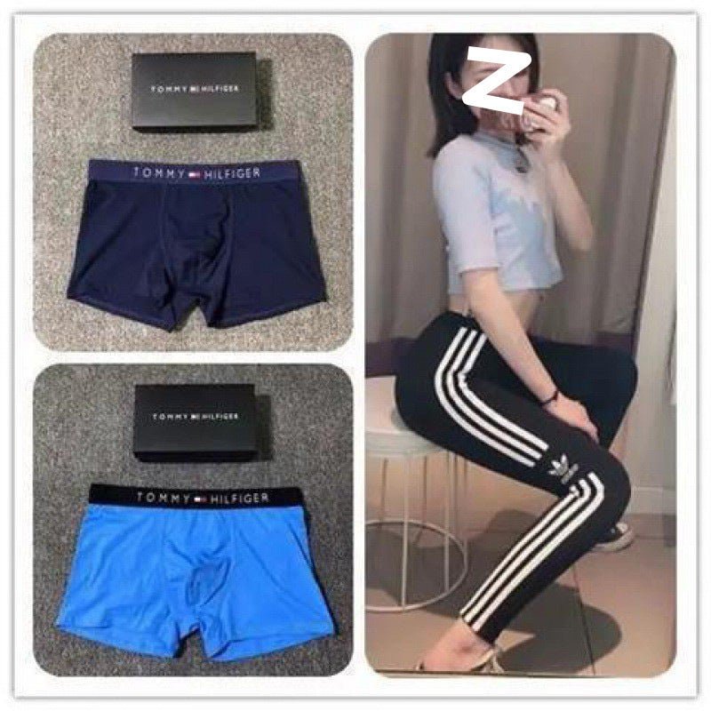 Collage of Tommy Hilfiger boxer briefs, a person wearing black pants with white stripes, and branded boxes.