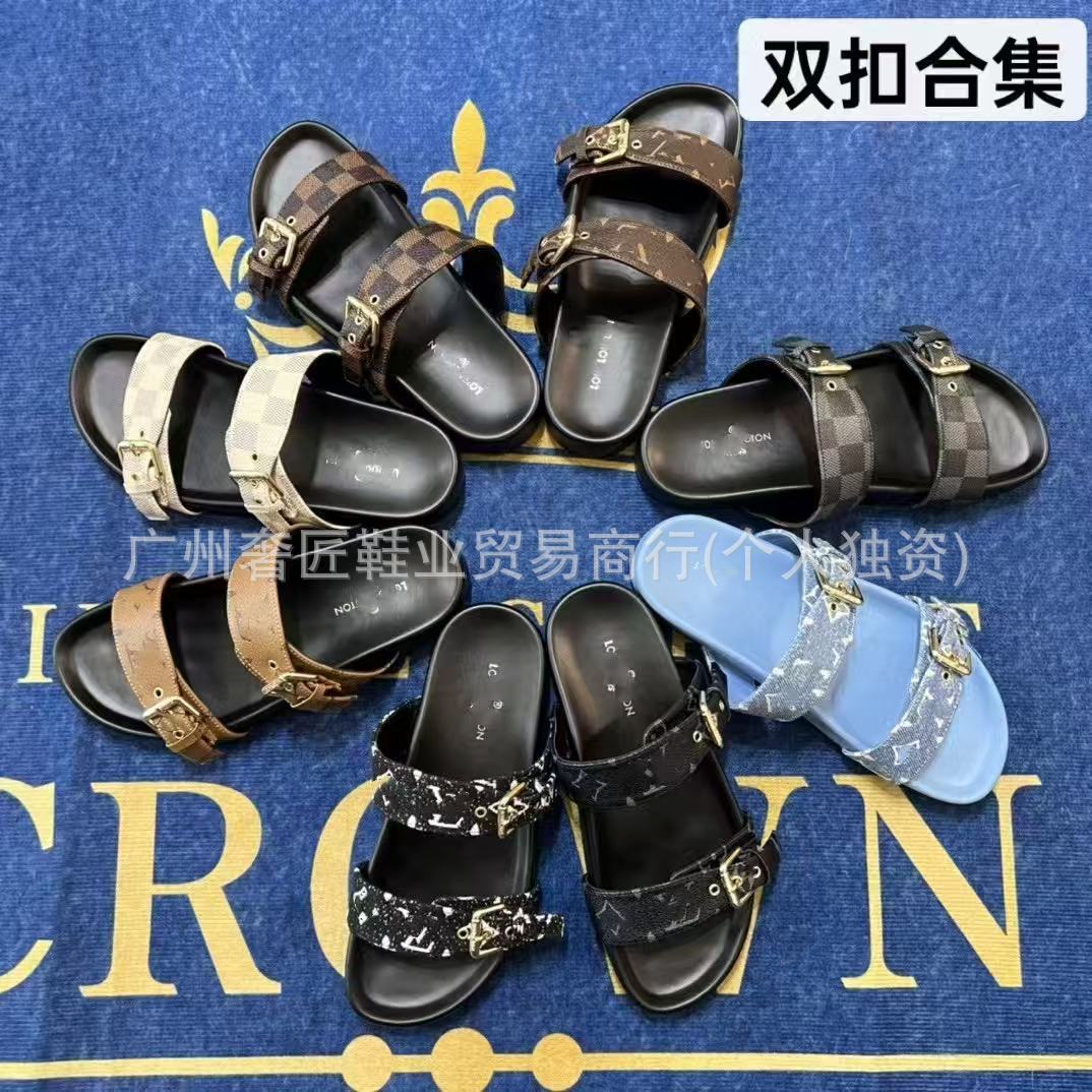 Collection of patterned sandals on a blue background with visible brand name.