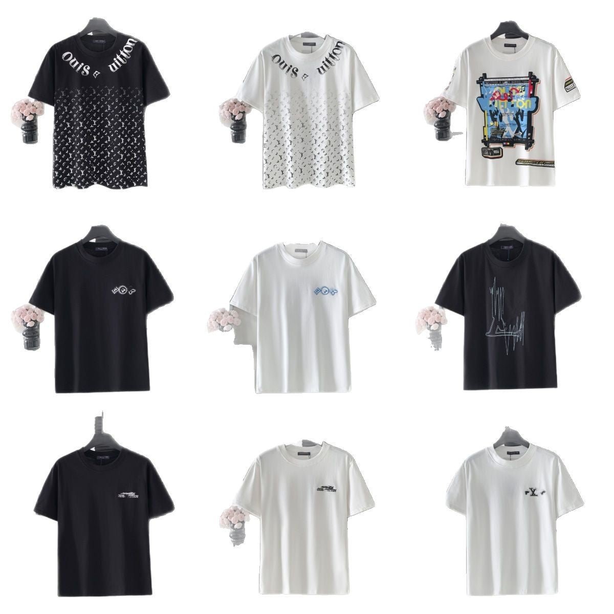 Collection of various t-shirts on hangers with different designs and colors.