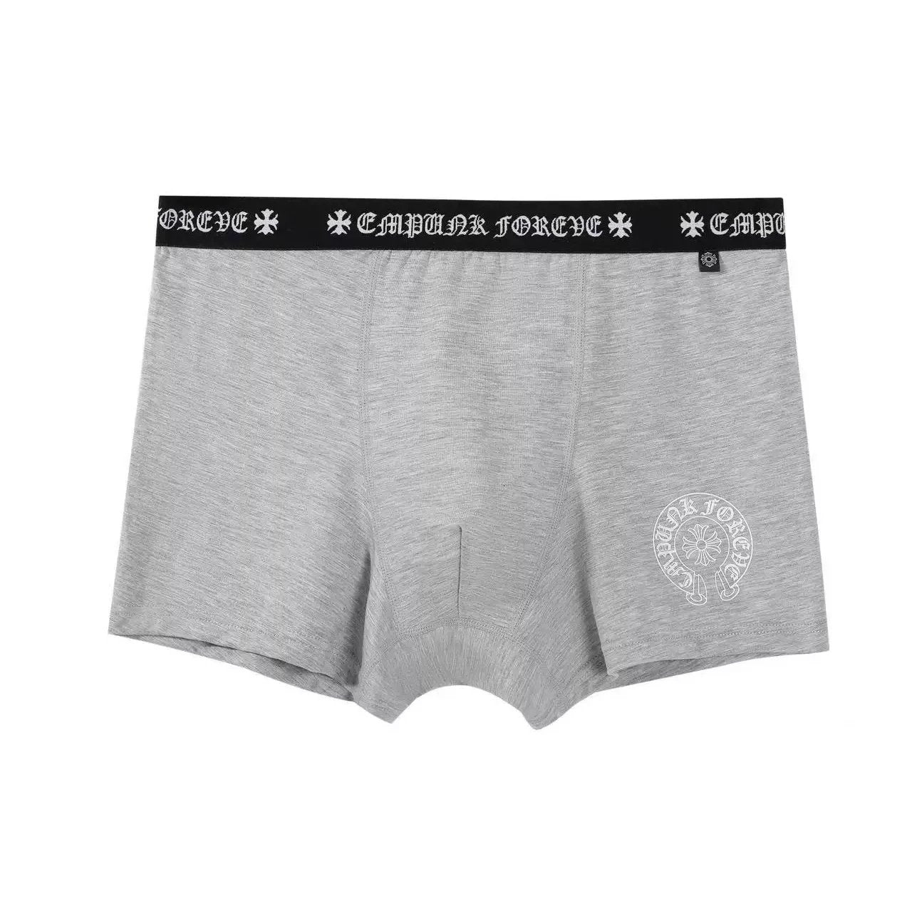 Light gray heather boxer briefs with a black elastic waistband featuring the brand name 'Cruel Force' in white gothic lettering, and a white circular logo on the lower right leg.
