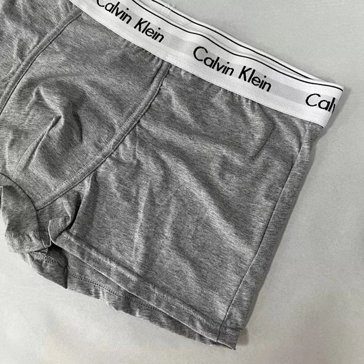 Gray Calvin Klein boxer briefs on a light gray background