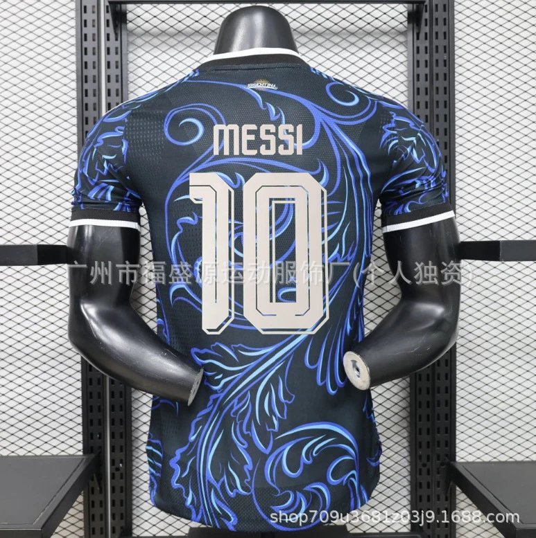 Futbol jersey with 'Messi' and number '10' on a black and blue patterned design.