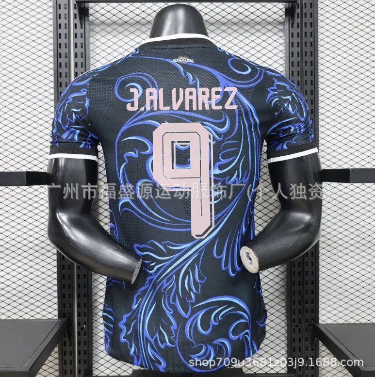 Black and blue sports jersey with 'J. ALVAREZ' and number '9' on a black mannequin against a grid background.
